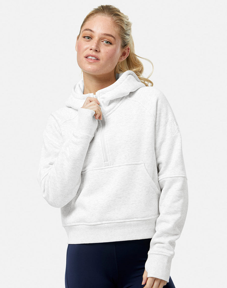Sierra Half Zip Crop Hoodie in White Marl