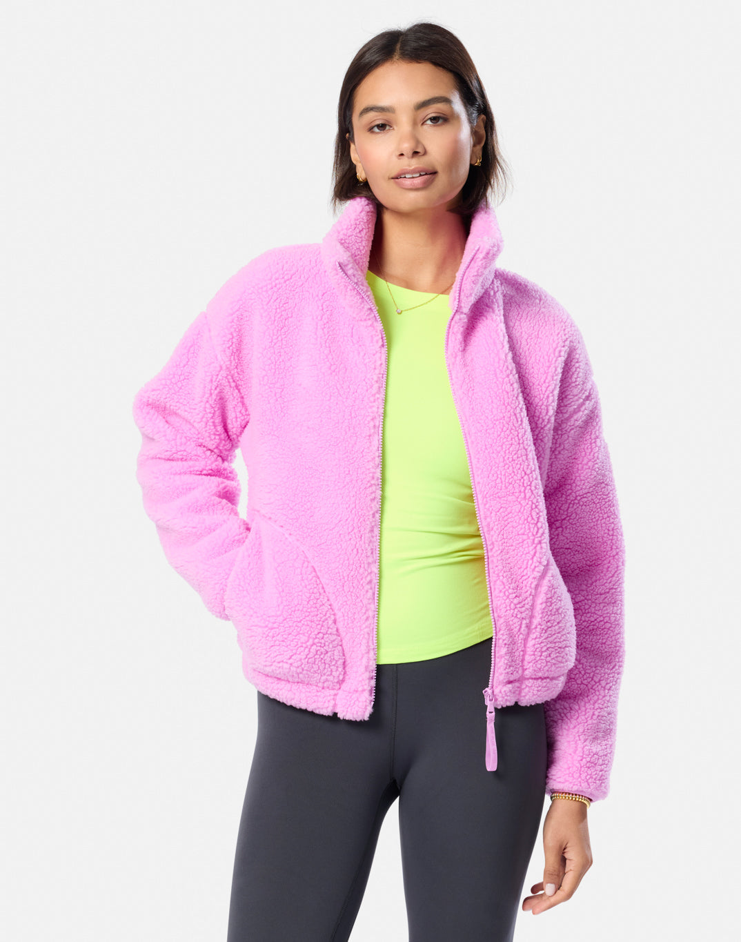 Industry Fleece High Collar Jacket in Neon Pink