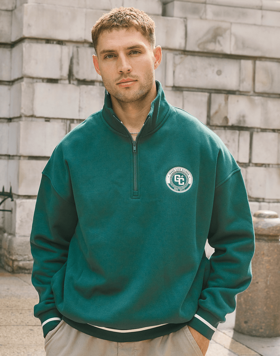 Varsity Funnel Neck Zip Sweatshirt in Mountain Green