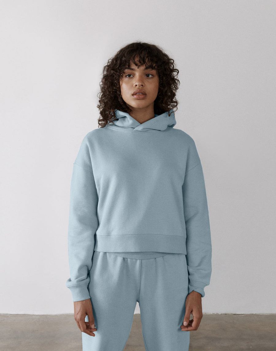The Womens Pullover Crop Hoodie in Chalk Blue